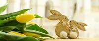 A photo shows tulips and a wooden figurine of two rabbits