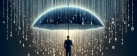 n the graphic, a person standing under an umbrella with binary code raining down