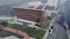 Visualization of the installation on the roof of the Faculty of Materials Science and Engineering building featuring energy storages, photovoltaic panels, an LED banner, parking lot, and charger for charging electric cars