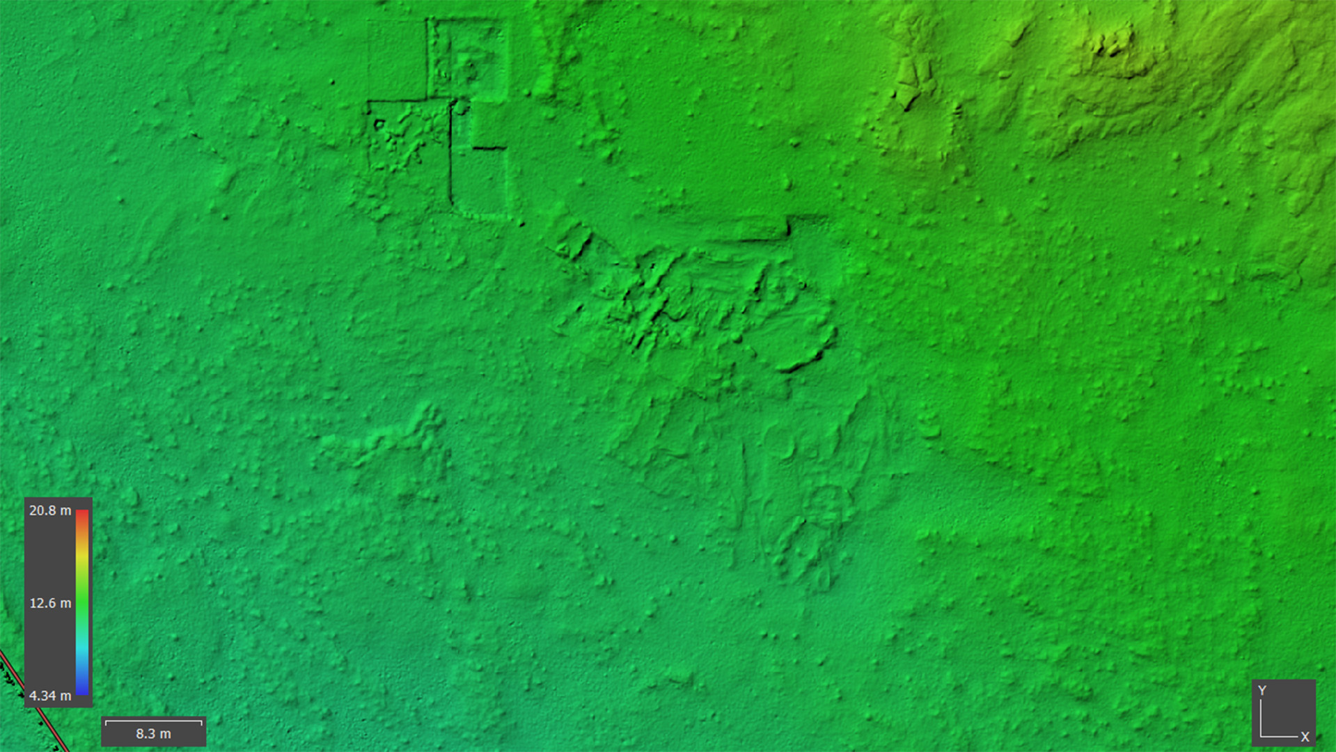 A fragment of the Digital Terrain Model (DTM), with a resolution of 2cm/px, was taken across the site using a drone