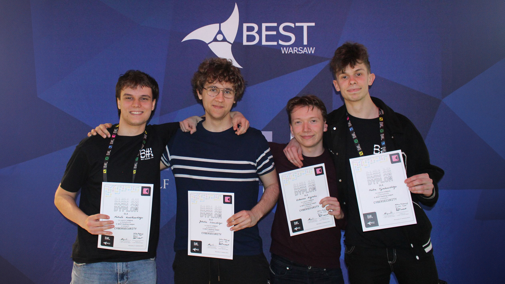 Michał Kwiatkowski, Jakub Lisowski, Łukasz Kryczka, and Piotr Tyrakowski after the first of many hackathon successes