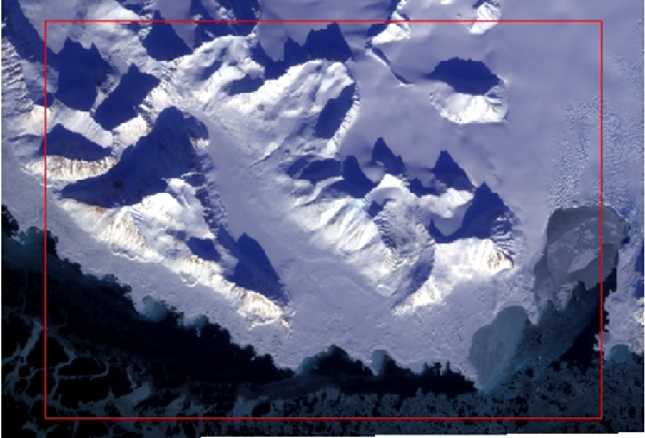 Photo of the 1st composition with full snow cover. Ice formations on the coastal waters of the Arctic Ocean are also visible