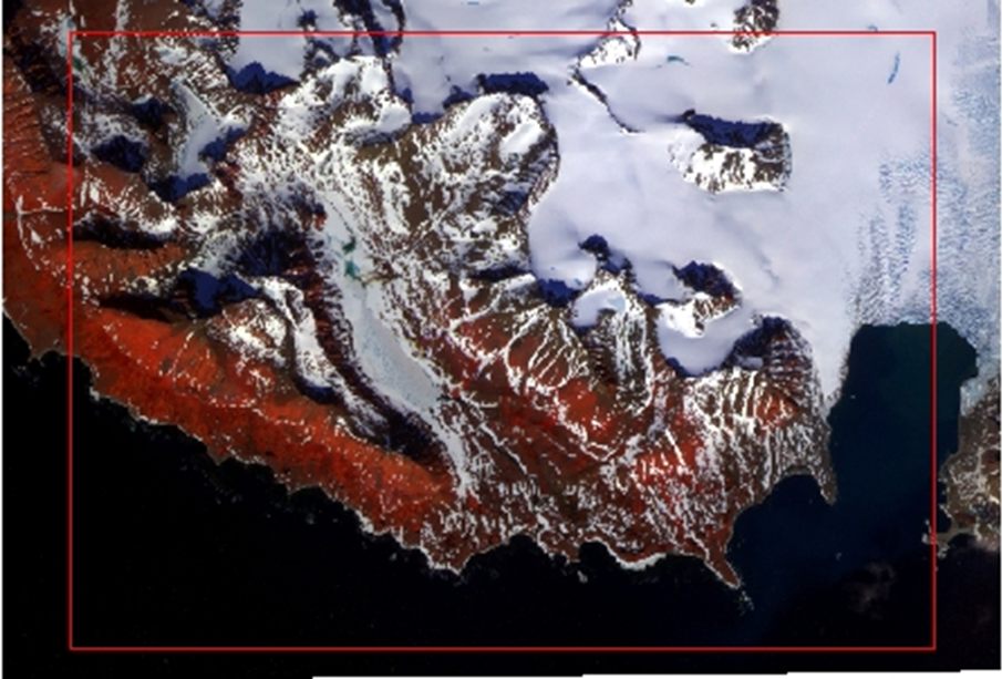 Photo of the 2nd composition with partial snow cover on the glacier and higher parts of the mountains. In the coastal area, developed low tundra vegetation (red color) is visible