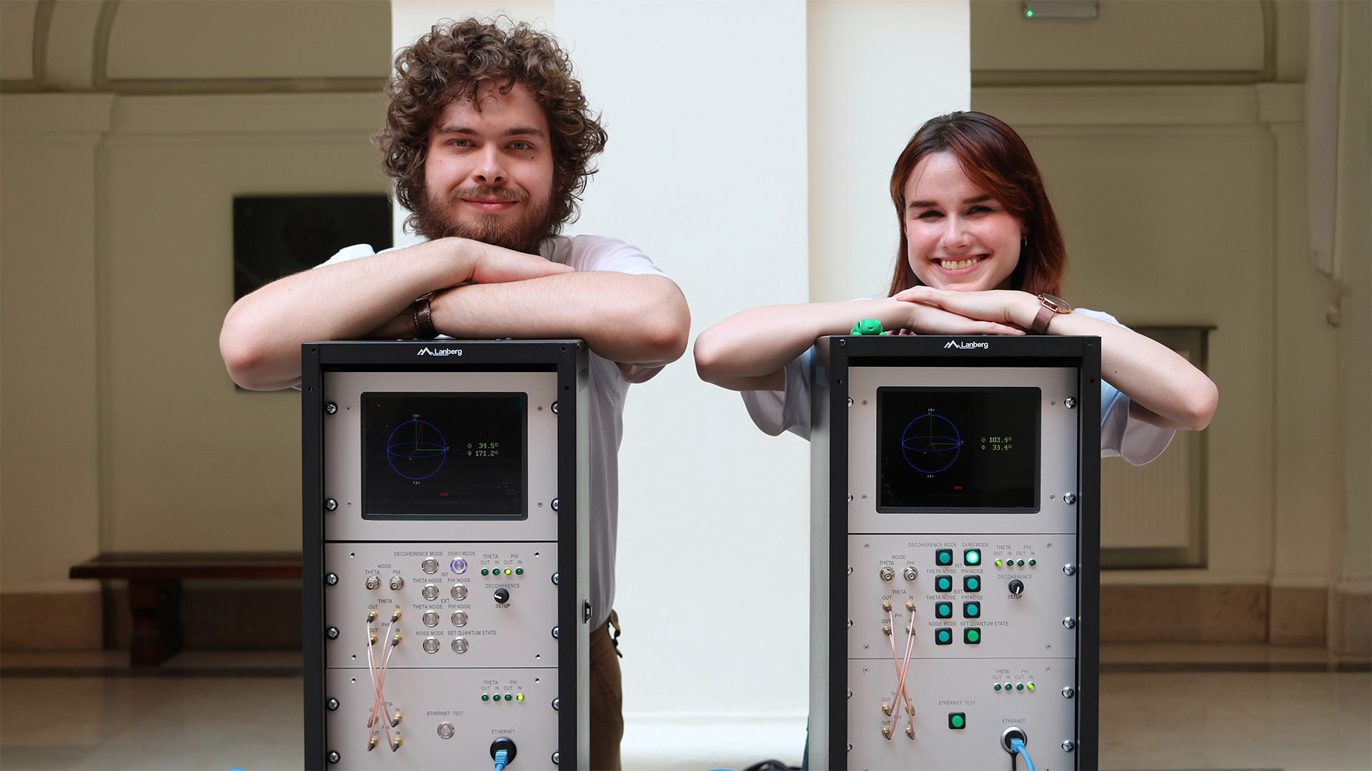 In the photo: CAMAC Student Research Group – Tomasz Bukowiecki and Monika Marek – at the QUBIT workstation during the 2025 Open Day