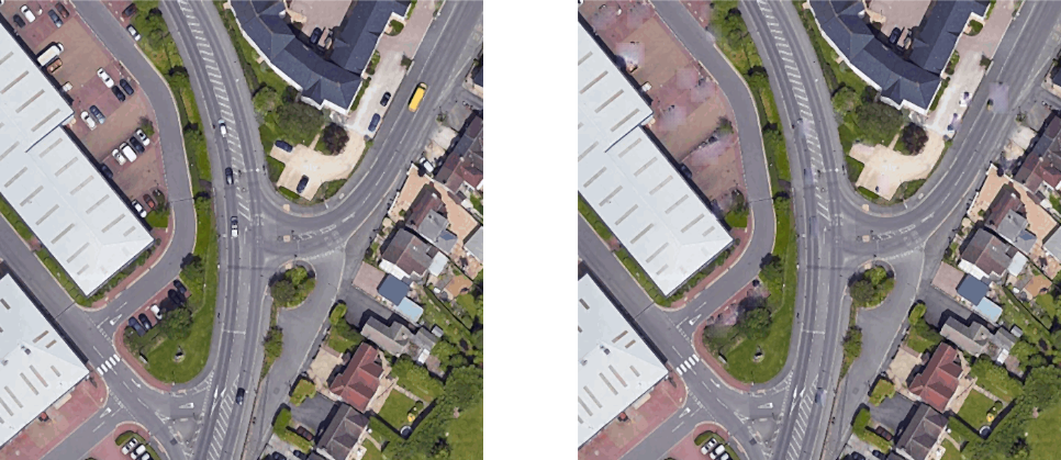 Two satellite photos of a part of the city - on the left, a satellite photo of a section of the city, on the right  image reconstructed using our student's models