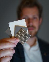 Photo of Aliaksandr Martsinchyk, MSc, showing active materials of a single MCFC