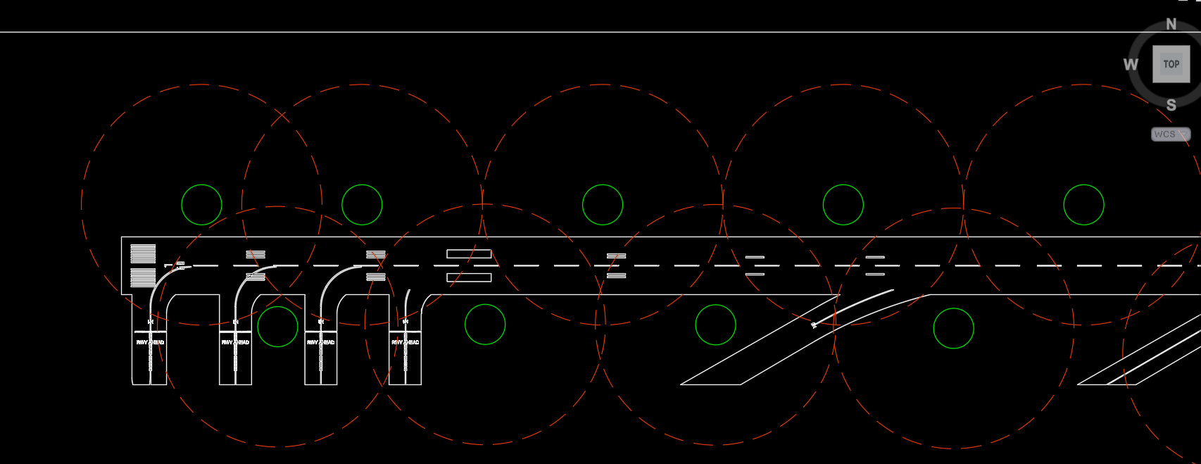 In the photo, a diagram of cannon distribution along the modeled runway. Green indicates the cannon locations, and red indicates their coverage range