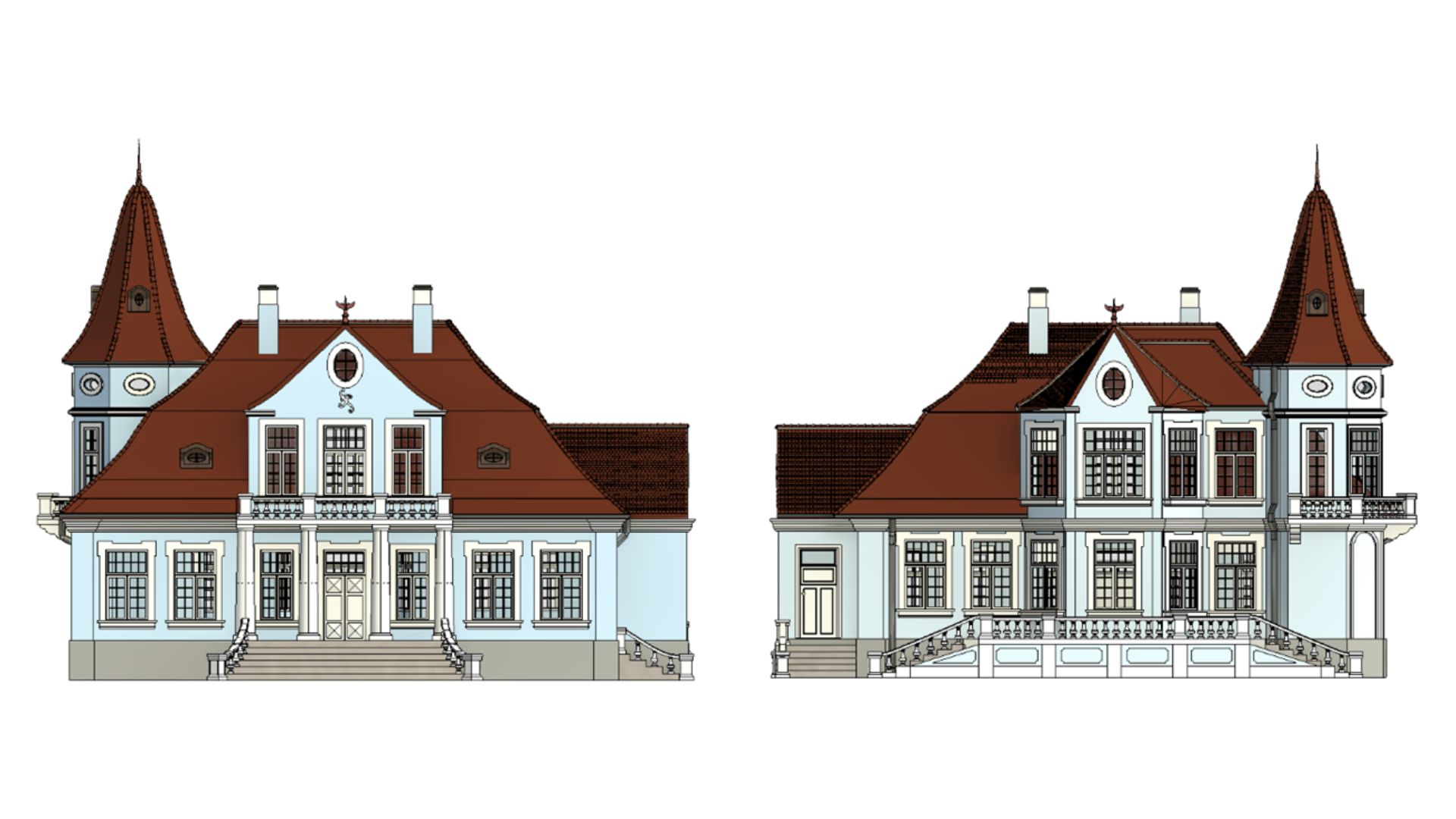 The HBIM model of “Koprówka” – north-facing view (left) and south-facing view (right)