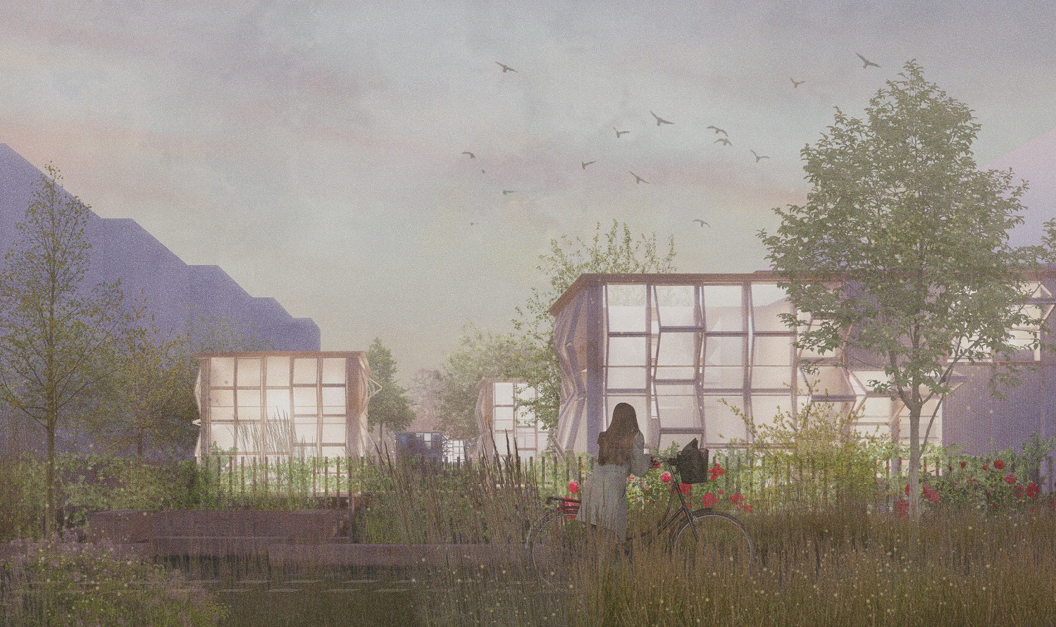 Visualization of the project showing houses in the evening and a cyclist standing next to them
