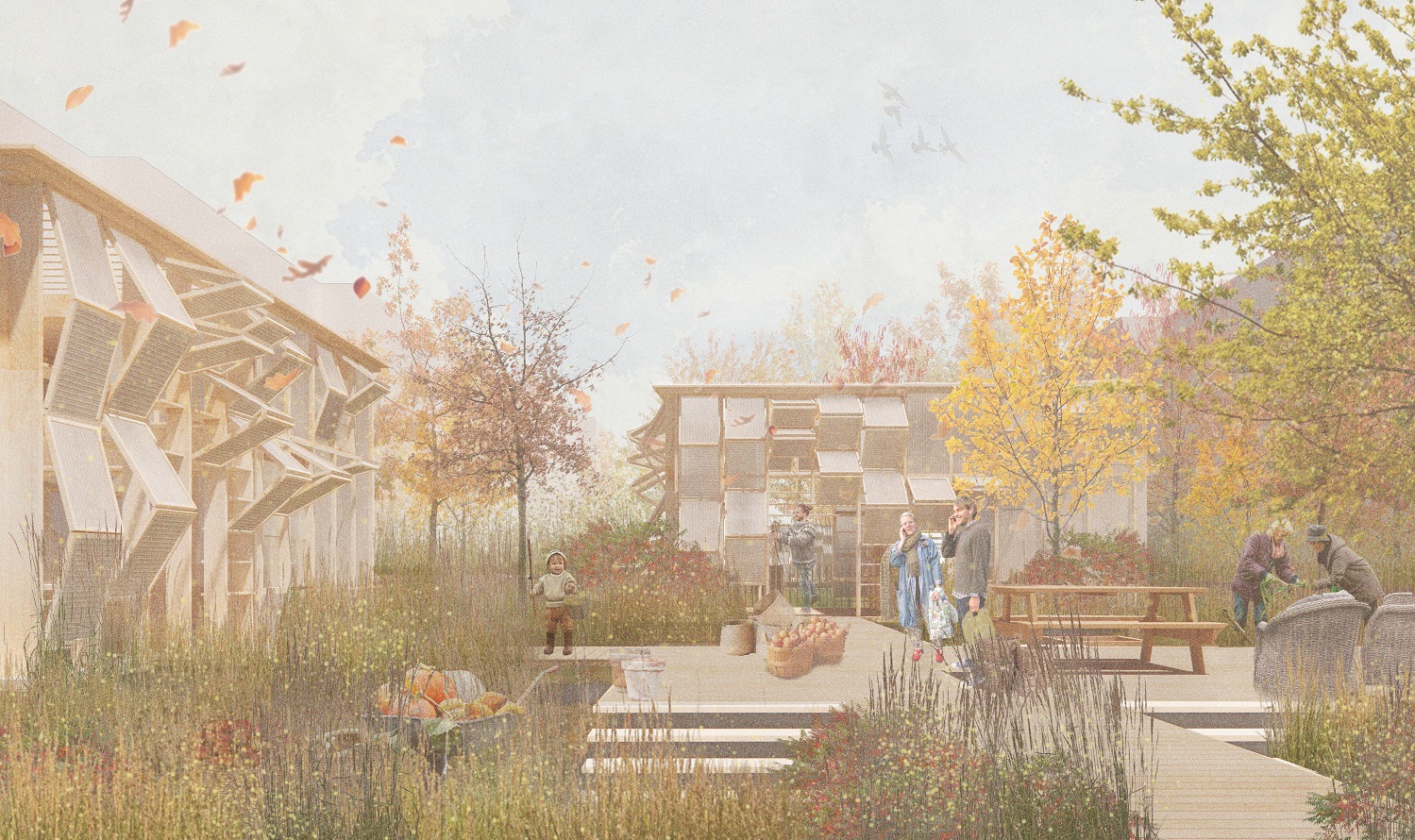 Project visualization showing residents doing gardening work together in the courtyard