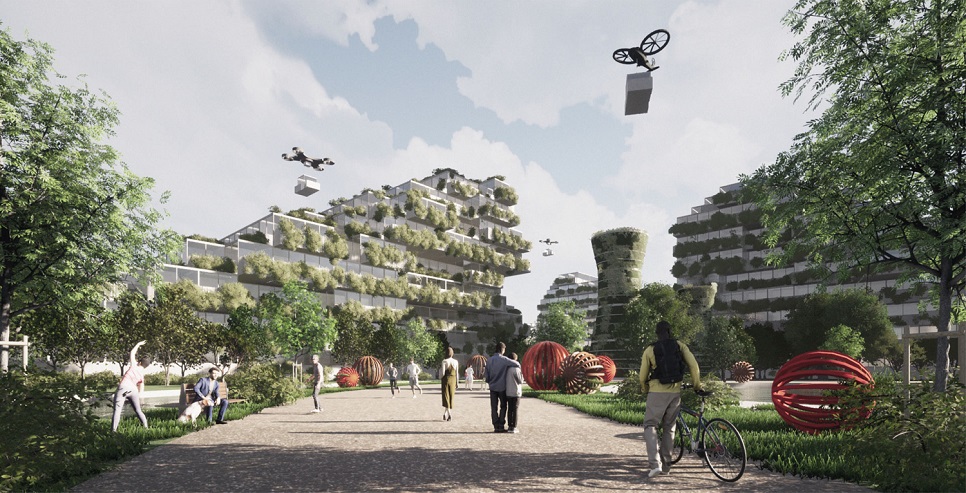 Wizualizacja miasta przyszłości przygotowana przez Koło Naukowe Architektury Jutra PW w ramach projektu "Polskie miasta przyszłości 2050 oczami młodych"
