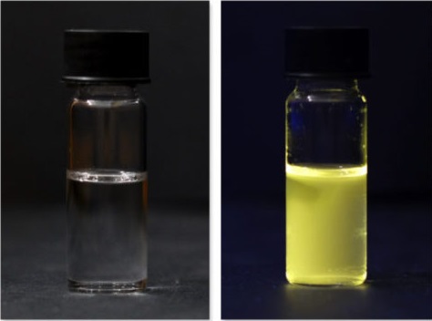 Photo of the Zinc oxide quantum dots solution (ZnO QDs) in daylight and after UV light excitation