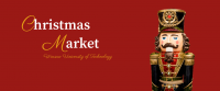 Graphic promoting the WUT Christmas Market featuring the nutcracker on a dark red background