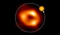 A still image of the supermassive black hole Sagittarius A* with an artist's illustration indicating where the modelling of the ALMA data predicts the hot spot to be and its orbit around the black hole