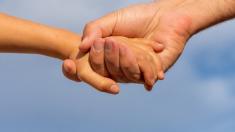 In the picture, two hands are clasped in a gesture of help