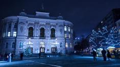 In the photo, the Main Building adorned with festive illumination, surrounded by brightly lit trees