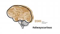 The graphic features a brain, the 200th anniversary logo of WUT, and the text #alwayscurious