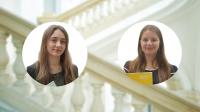 Graphic showing the interior of the Main Building of the Warsaw University of Technology and photos of two students: Daria Majewska and Wiktoria Trynkos