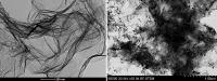 Left: a microscope image of graphene oxide flakes; right: a microscope image of reduced graphene oxide flakes coated with iron oxide nanoparticles; photo: IR-GRAPH Project Archives